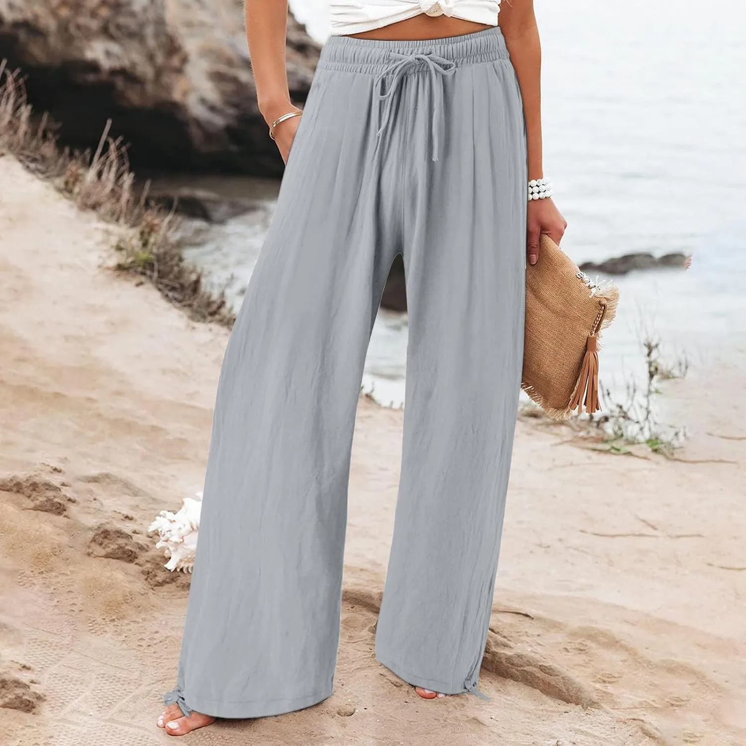 Women's Cotton Linen Summer Palazzo Pants Fashion Flowy Wide Leg Beach Trousers with Pockets Breathable Casual Pant