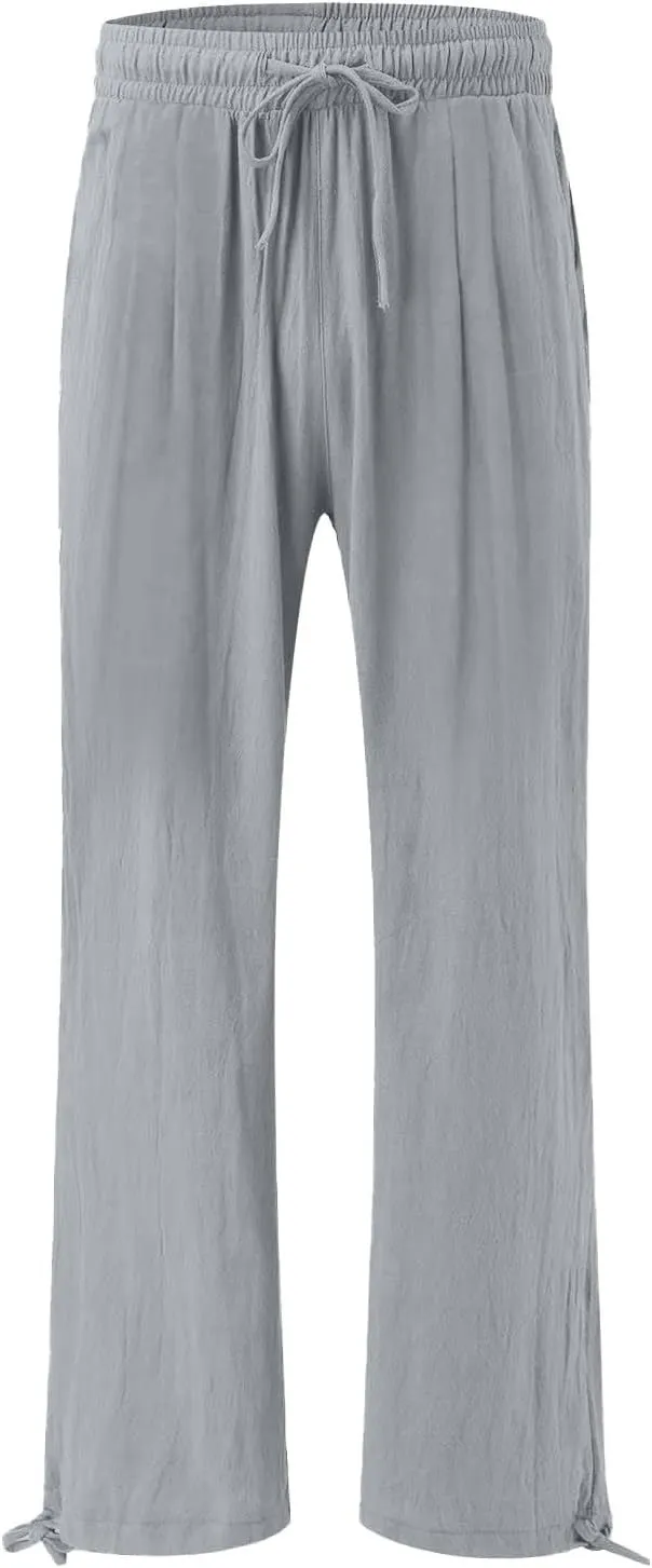 Women's Cotton Linen Summer Palazzo Pants Fashion Flowy Wide Leg Beach Trousers with Pockets Breathable Casual Pant