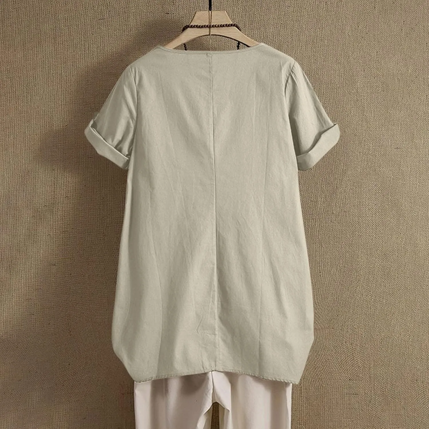 Women's Cotton Linen T Shirts Summer Crew Neck Rolled Short Sleeve Blouses Casual Loose Solid Basic Tunics Tee Tops
