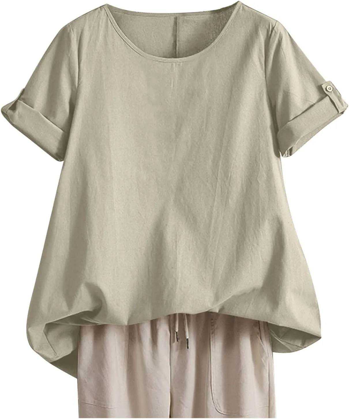 Women's Cotton Linen T Shirts Summer Crew Neck Rolled Short Sleeve Blouses Casual Loose Solid Basic Tunics Tee Tops
