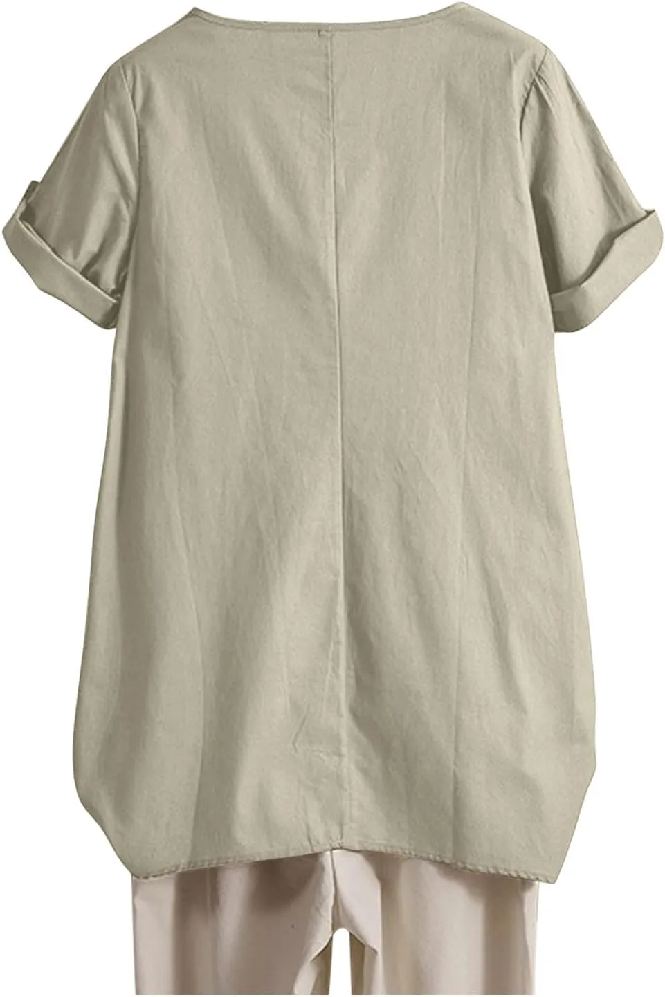 Women's Cotton Linen T Shirts Summer Crew Neck Rolled Short Sleeve Blouses Casual Loose Solid Basic Tunics Tee Tops