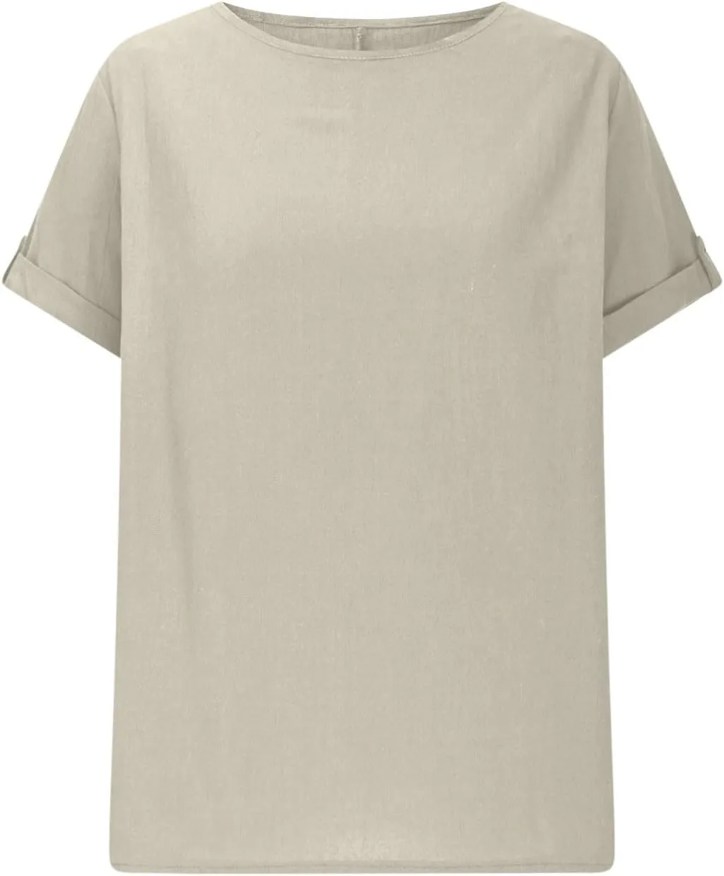 Women's Cotton Linen T Shirts Summer Crew Neck Rolled Short Sleeve Blouses Casual Loose Solid Basic Tunics Tee Tops