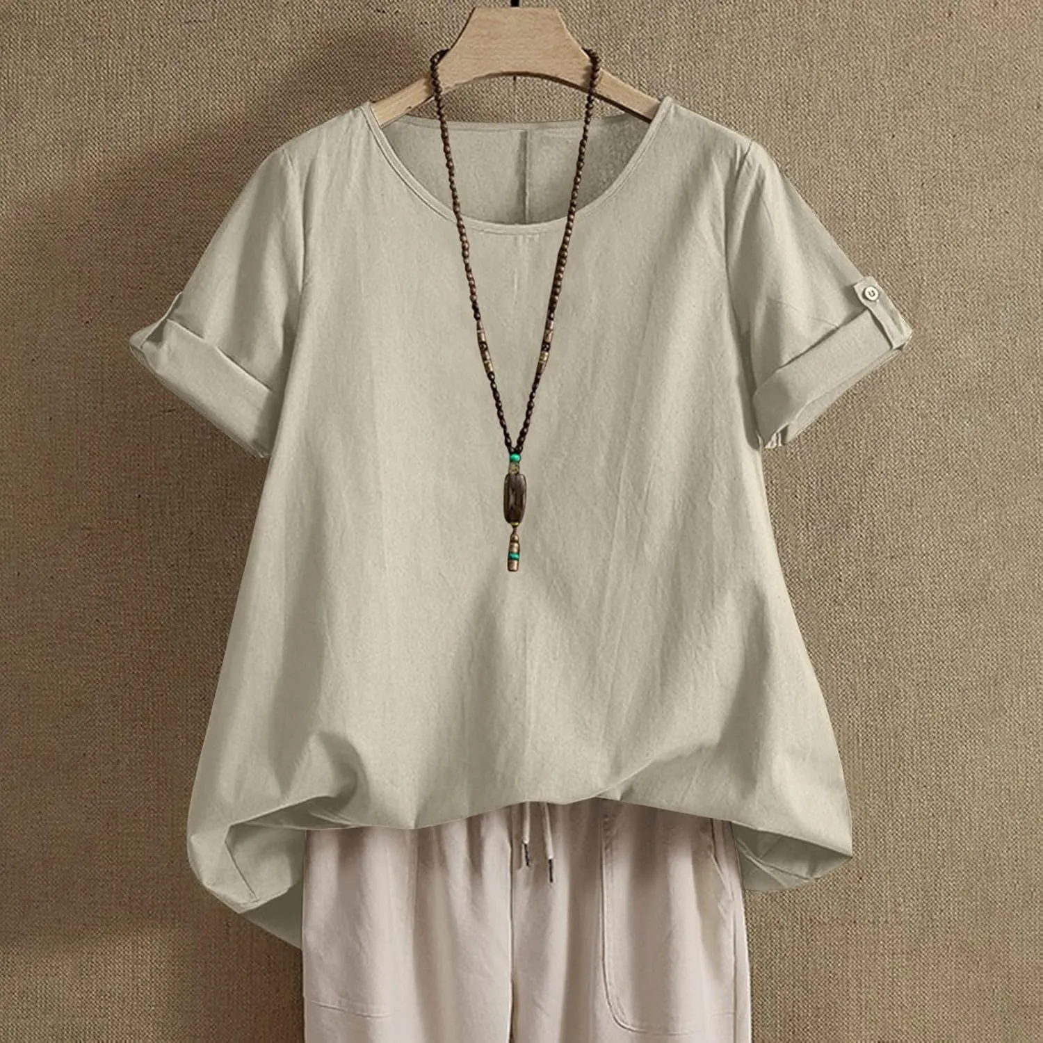 Women's Cotton Linen T Shirts Summer Crew Neck Rolled Short Sleeve Blouses Casual Loose Solid Basic Tunics Tee Tops