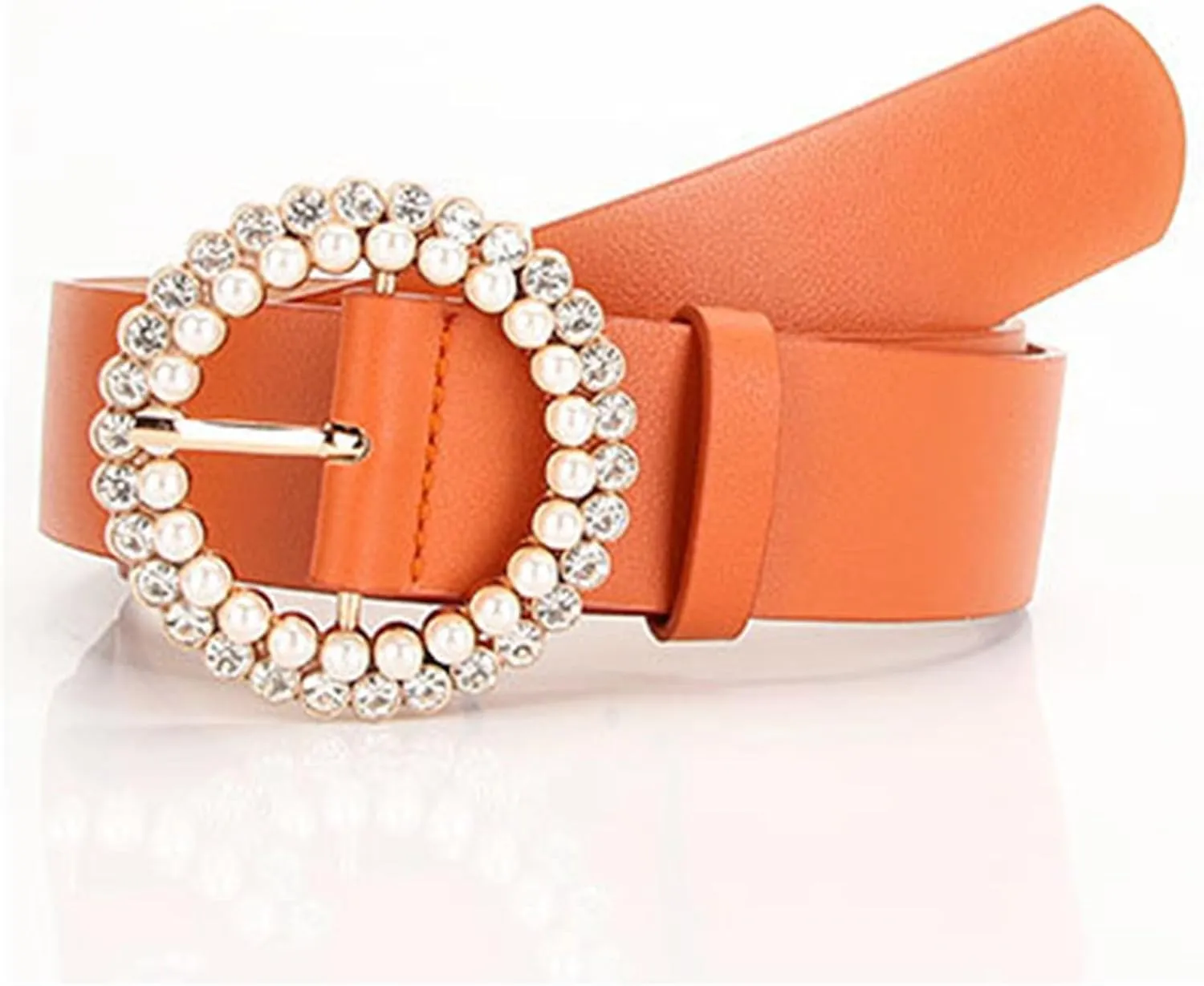 Women's Faux Leather Belt Fashion Belt Pearl Rhinestone Beaded Jeweled Round Casual Glitter Elegant Chunky Belt