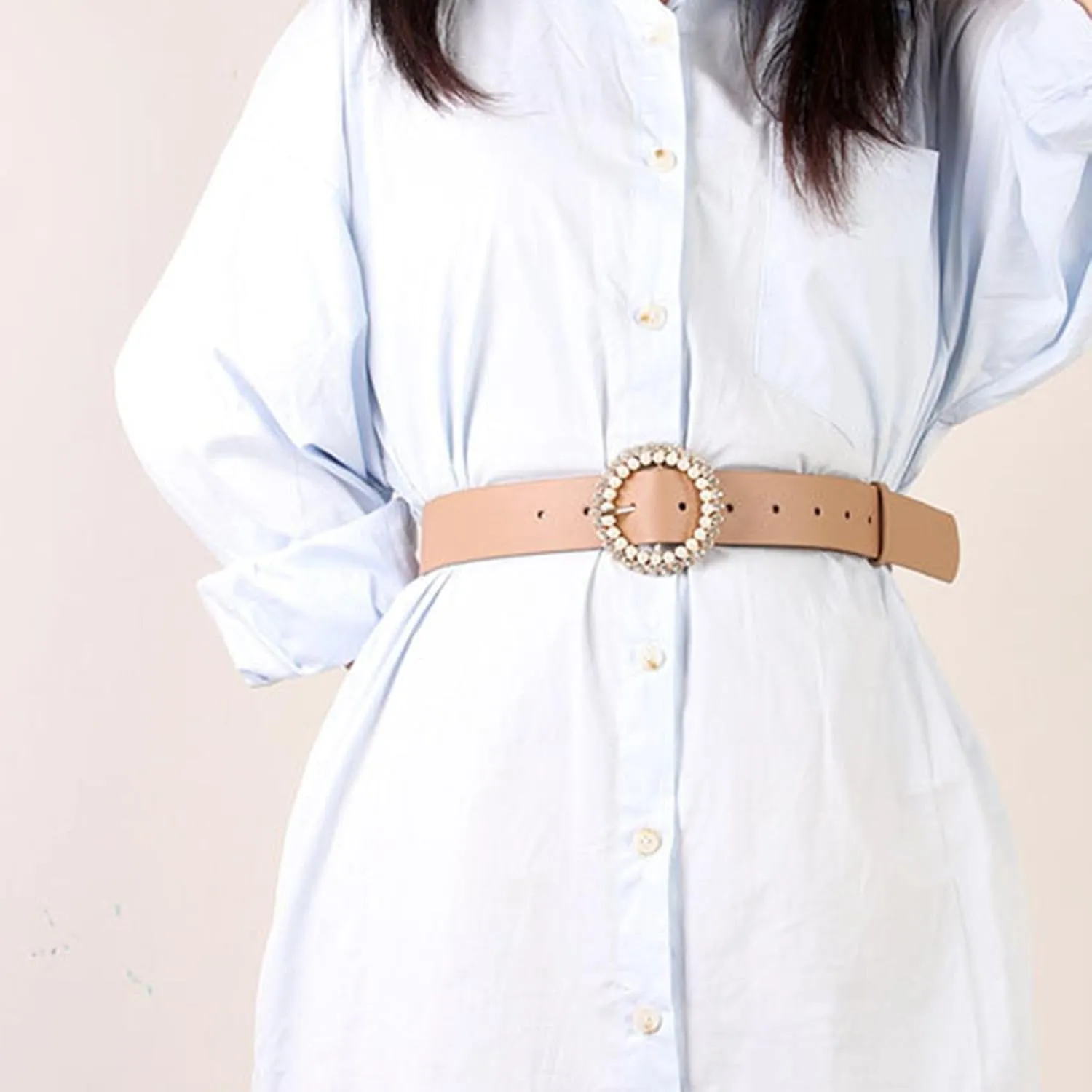 Women's Faux Leather Belt Fashion Belt Pearl Rhinestone Beaded Jeweled Round Casual Glitter Elegant Chunky Belt