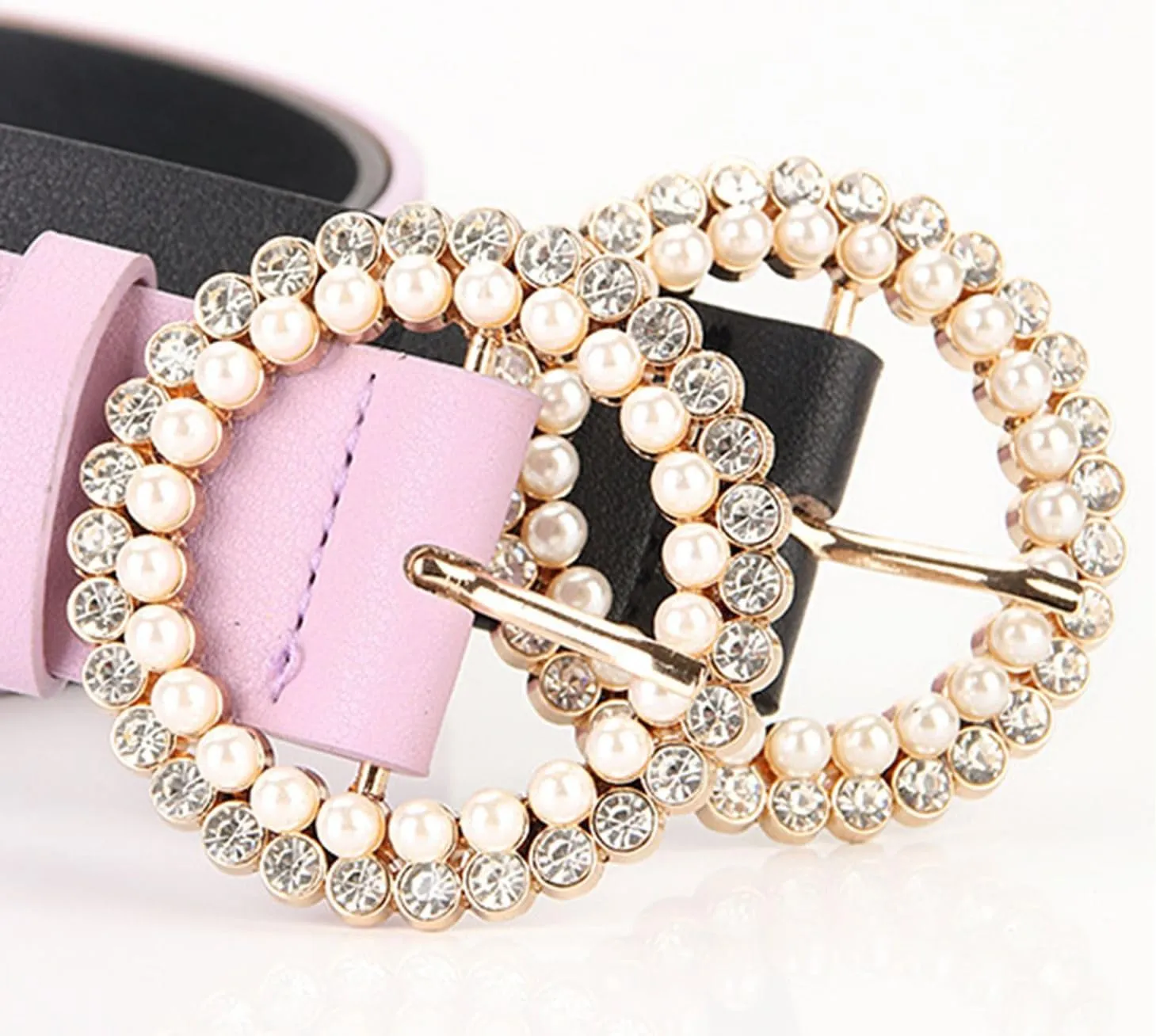 Women's Faux Leather Belt Fashion Belt Pearl Rhinestone Beaded Jeweled Round Casual Glitter Elegant Chunky Belt