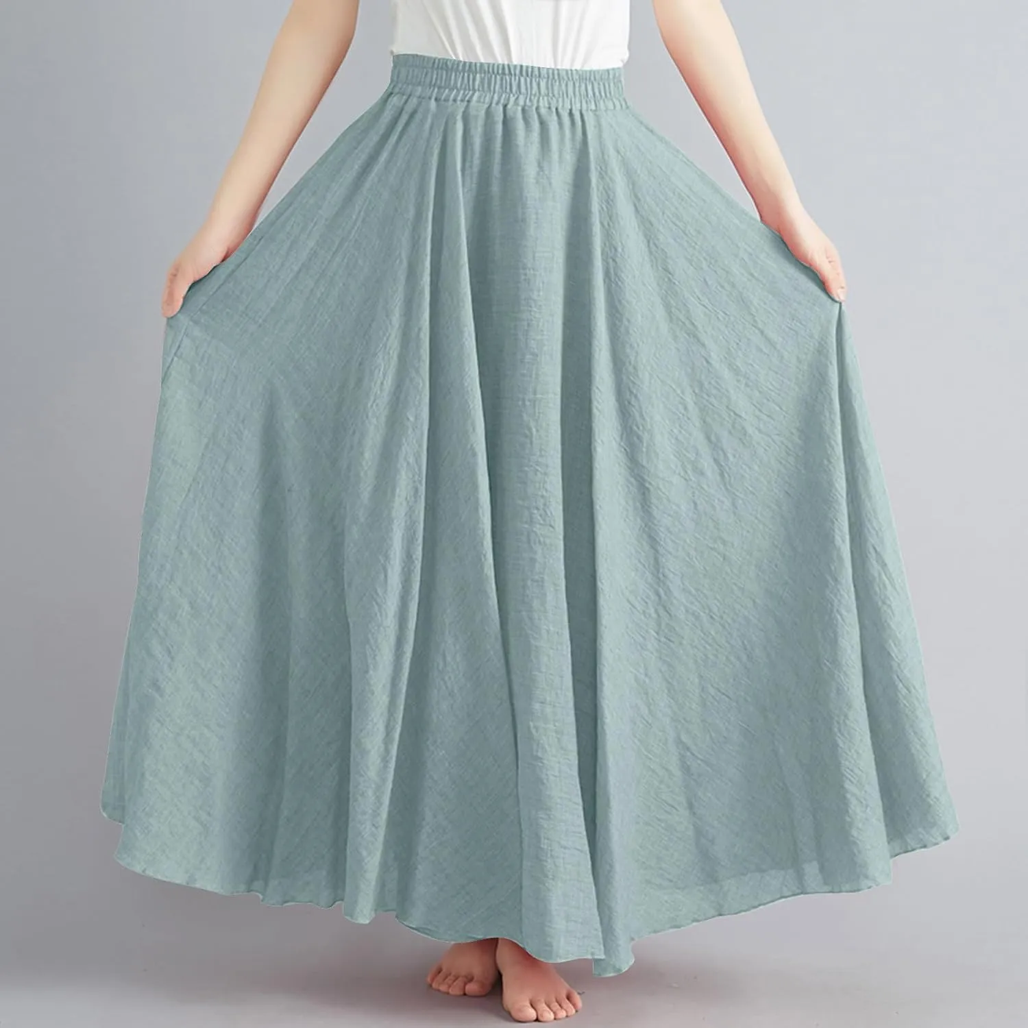 Womens Linen Maxi Skirts Summer Boho Solid Beach Elastic High Waist Pleated A-Line Flowy Swing Long Maxi Skirts