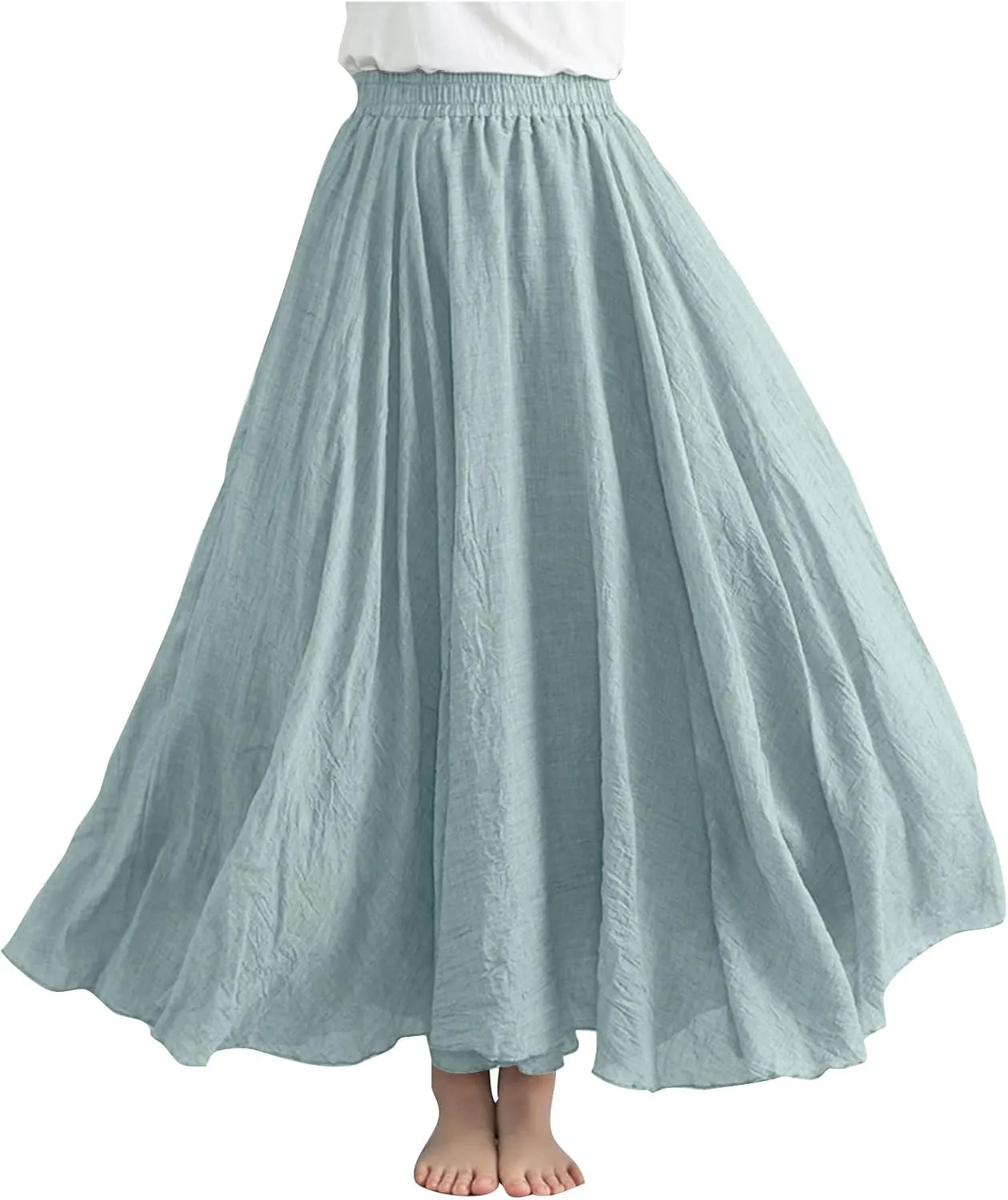 Womens Linen Maxi Skirts Summer Boho Solid Beach Elastic High Waist Pleated A-Line Flowy Swing Long Maxi Skirts