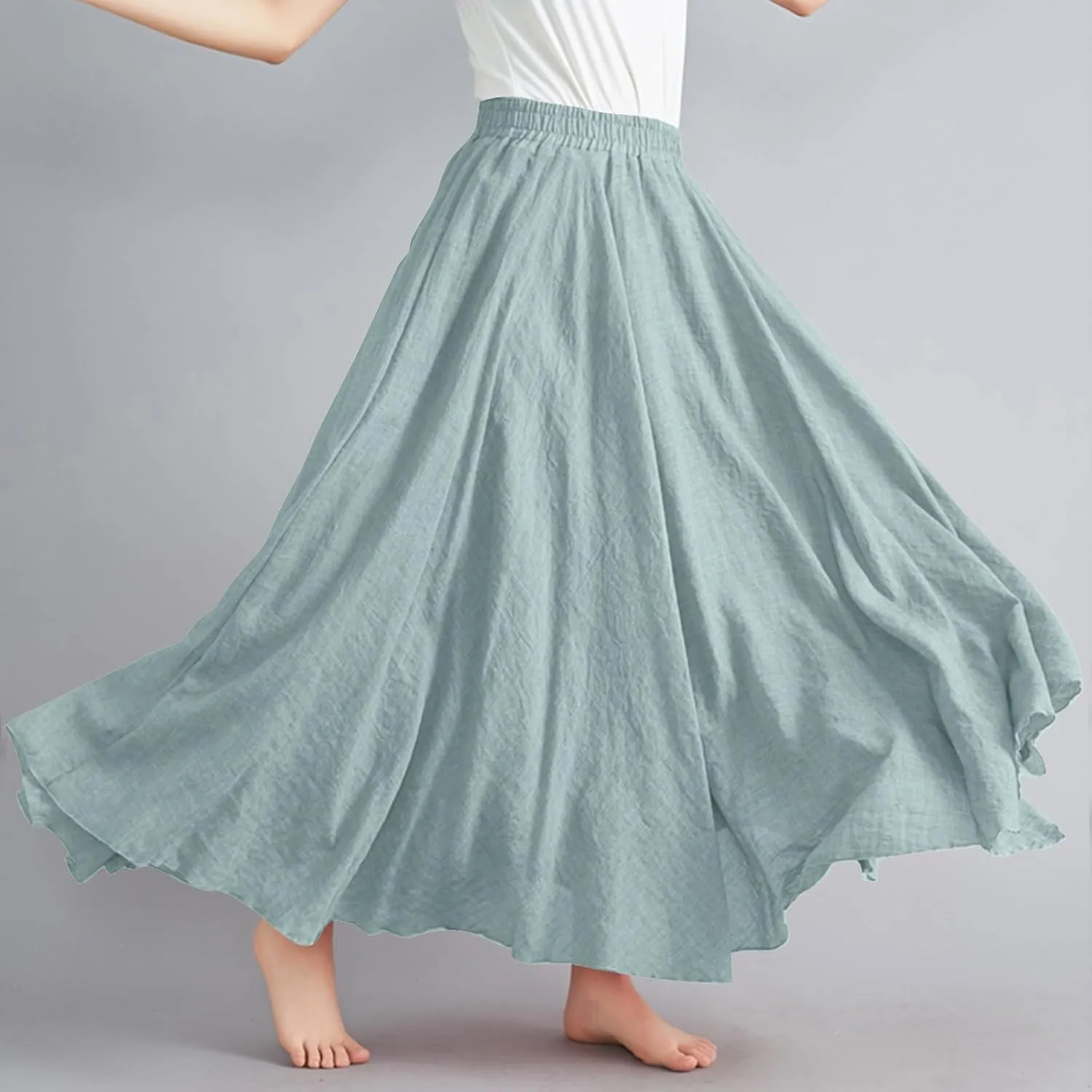 Womens Linen Maxi Skirts Summer Boho Solid Beach Elastic High Waist Pleated A-Line Flowy Swing Long Maxi Skirts