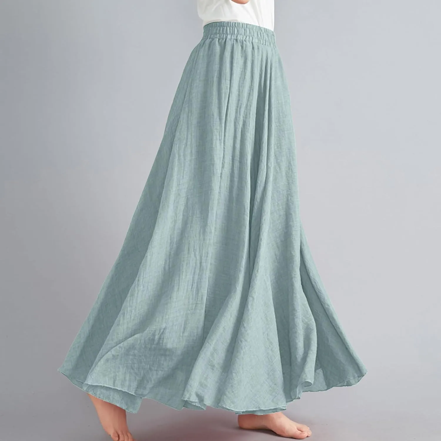 Womens Linen Maxi Skirts Summer Boho Solid Beach Elastic High Waist Pleated A-Line Flowy Swing Long Maxi Skirts