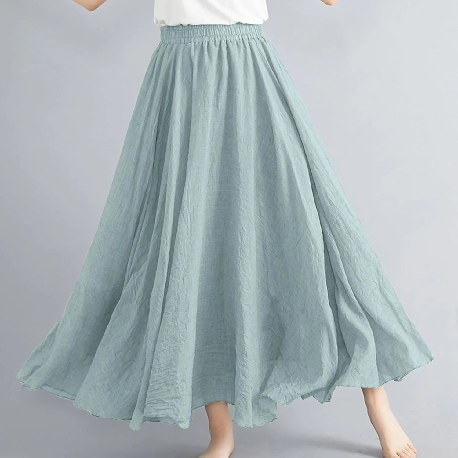 Womens Linen Maxi Skirts Summer Boho Solid Beach Elastic High Waist Pleated A-Line Flowy Swing Long Maxi Skirts