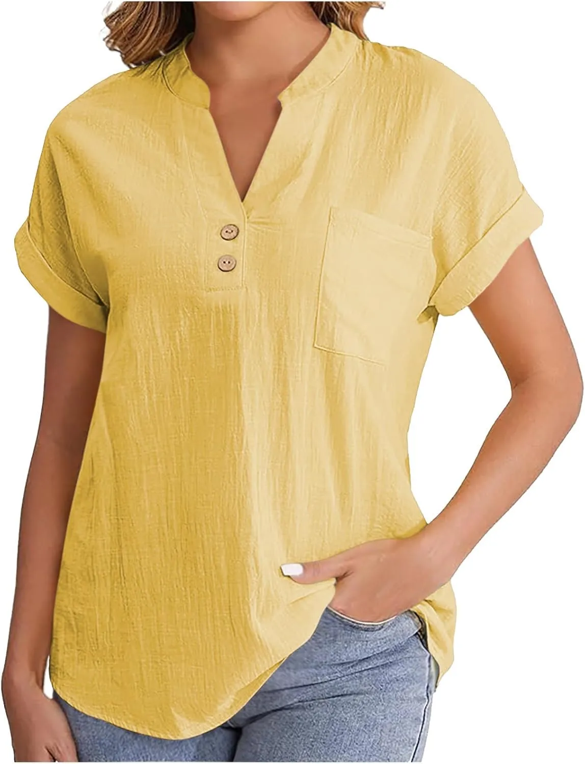 Womens Linen Tops Summer Casual Button Down V Neck Tops Short Sleeve Cotton Blouses Casual Vacation Clothes Outfits
