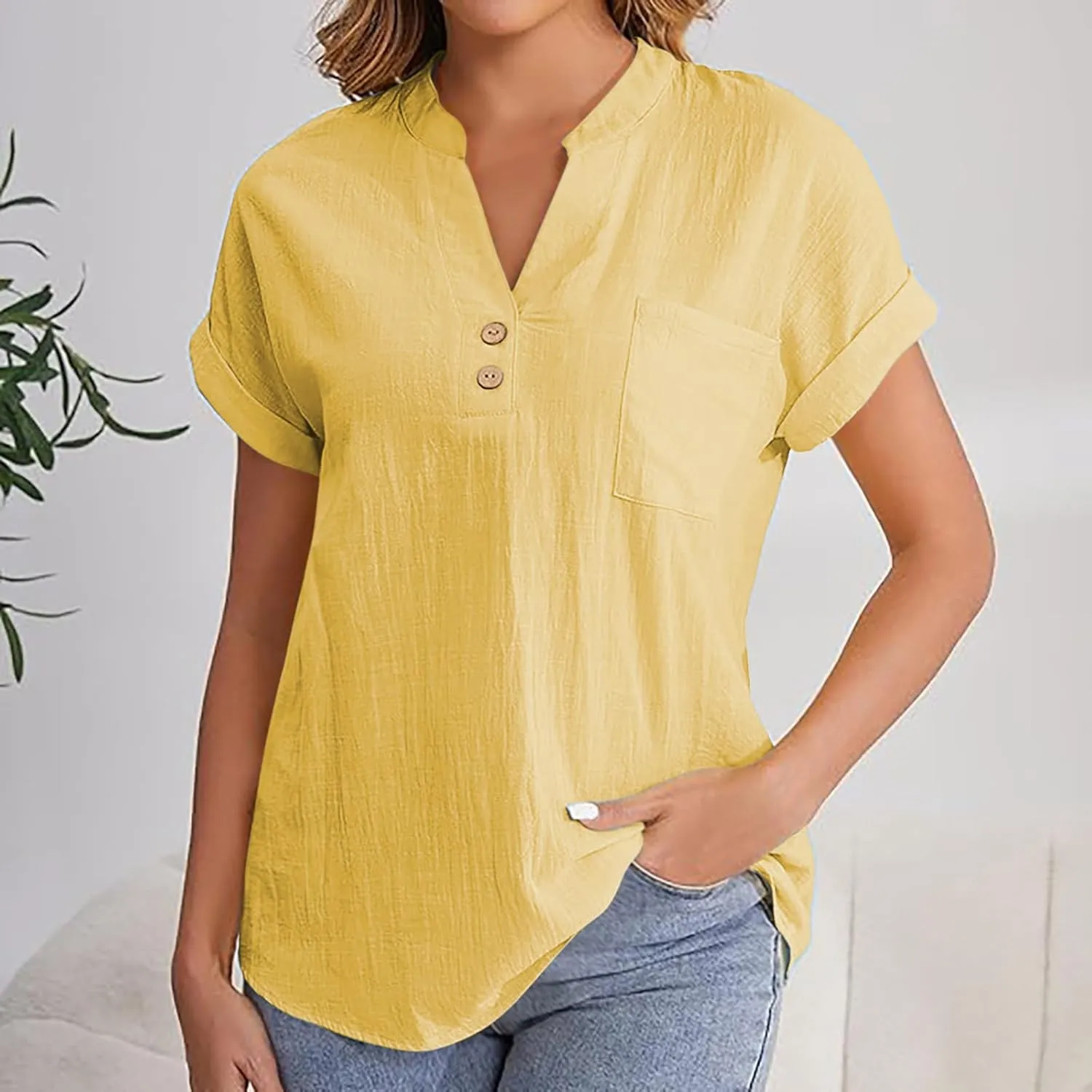 Womens Linen Tops Summer Casual Button Down V Neck Tops Short Sleeve Cotton Blouses Casual Vacation Clothes Outfits
