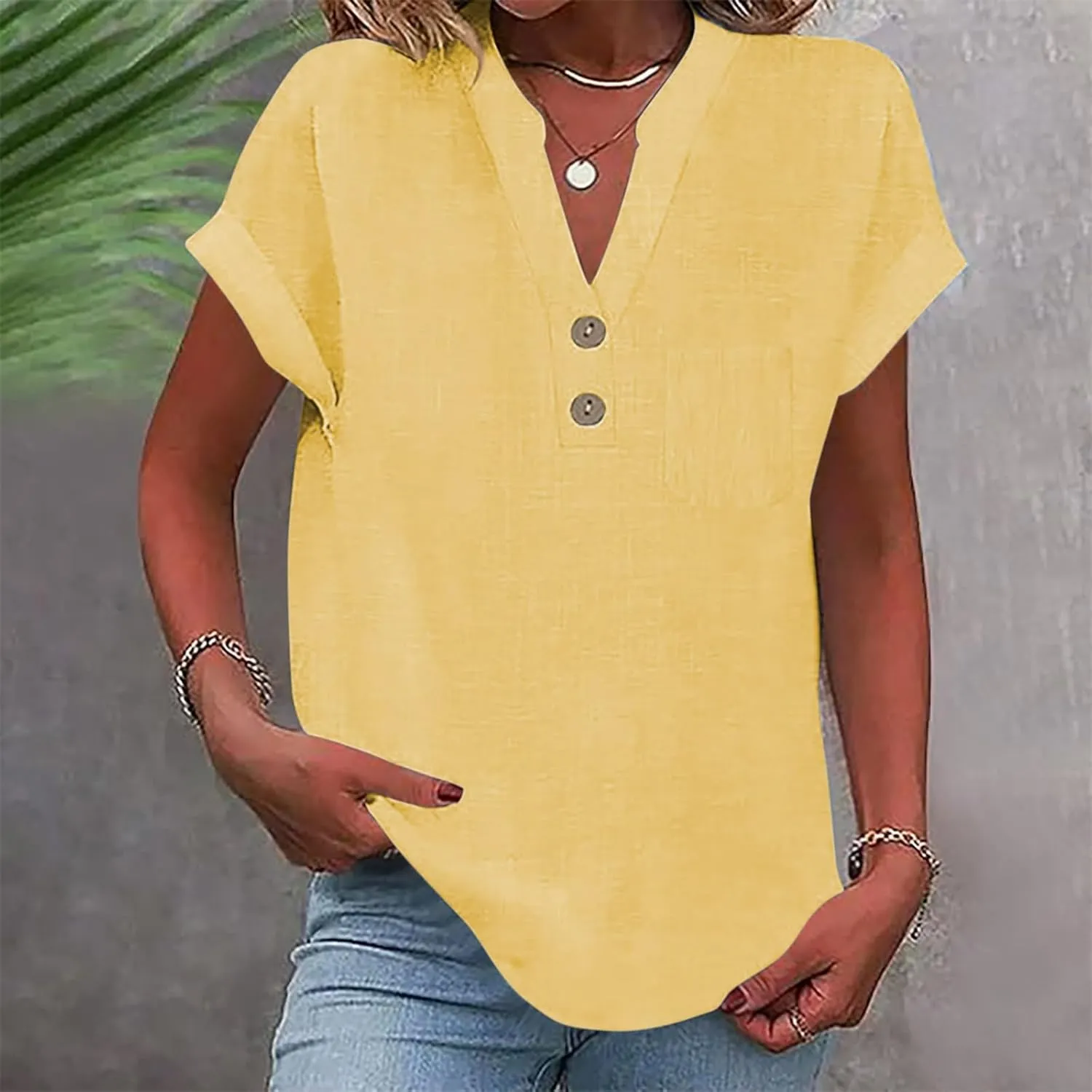 Womens Linen Tops Summer Casual Button Down V Neck Tops Short Sleeve Cotton Blouses Casual Vacation Clothes Outfits