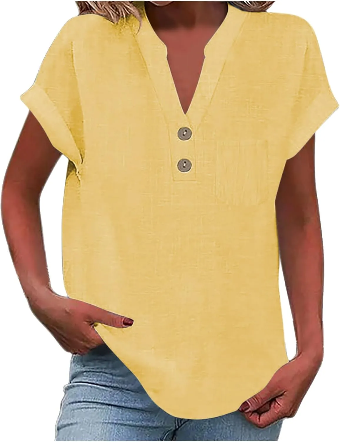 Womens Linen Tops Summer Casual Button Down V Neck Tops Short Sleeve Cotton Blouses Casual Vacation Clothes Outfits