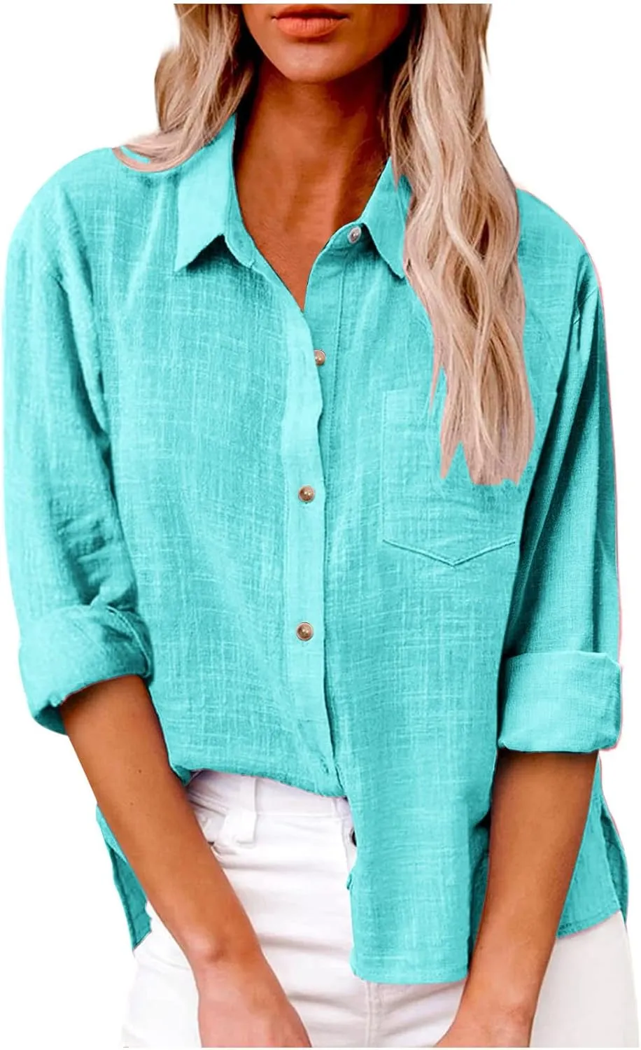 Womens Long Sleeve Cotton Linen Shirts V Neck Button Down Blouse Casual Collared Work Tops Loose Fit Casual Tshirt