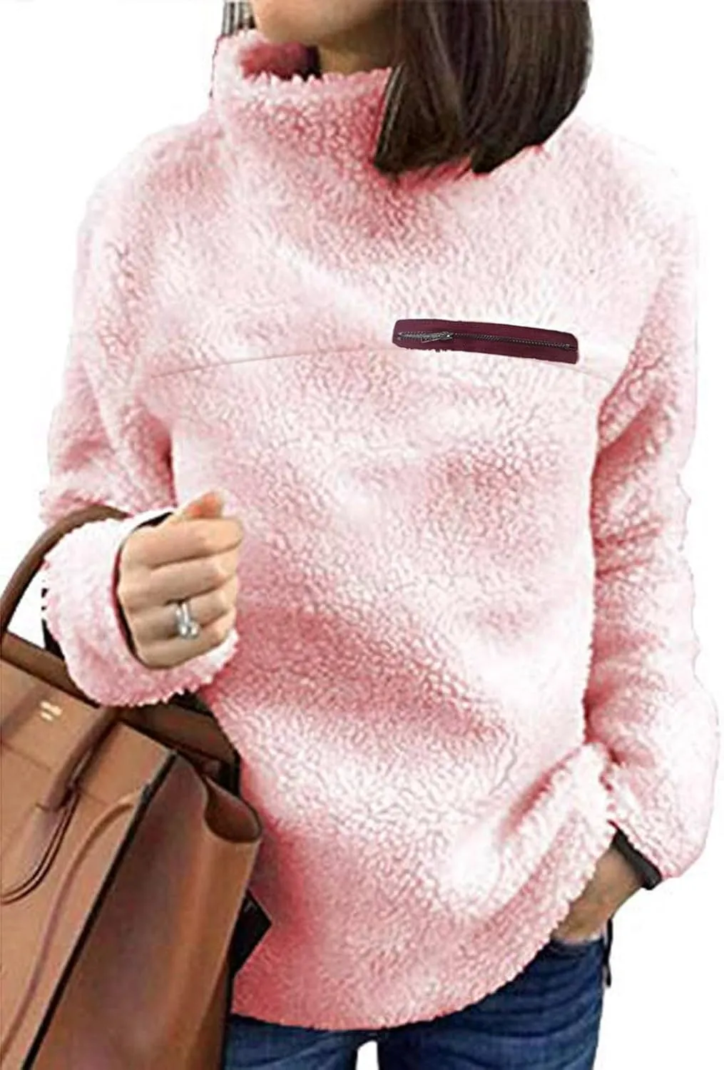 Women's Oversized Sherpa Fuzzy Fleece Sweatshirts Long Sleeves Turtleneck Casual Pullover Sweater Winter Fluffy Warm Outwear