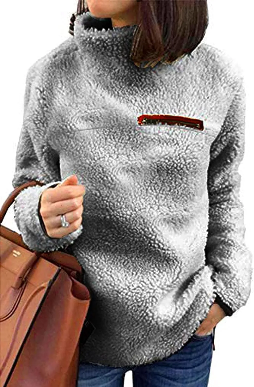 Women's Oversized Sherpa Fuzzy Fleece Sweatshirts Long Sleeves Turtleneck Casual Pullover Sweater Winter Fluffy Warm Outwear