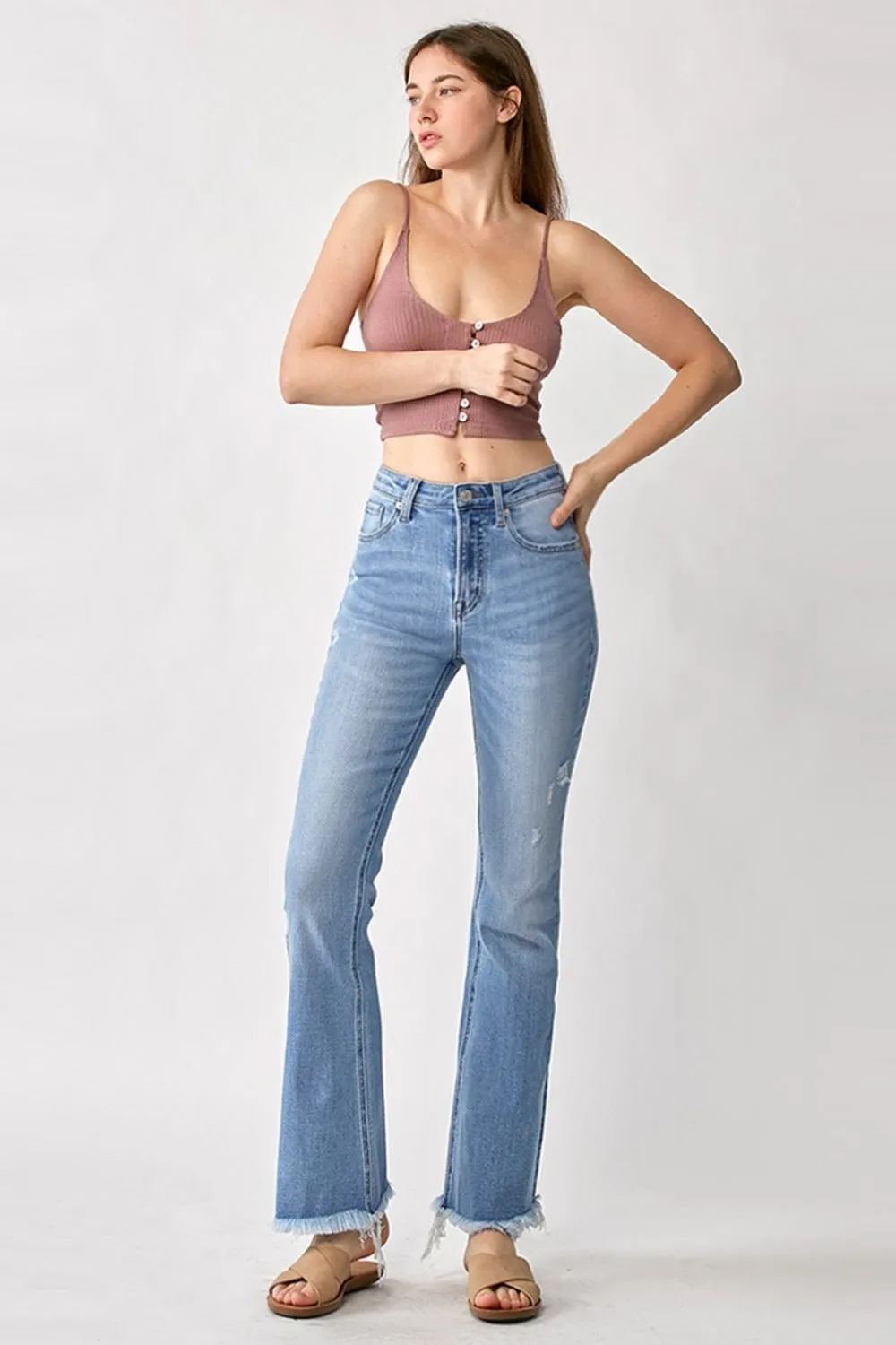 Women's RISEN High Rise Frayed Hem Bootcut Jeans