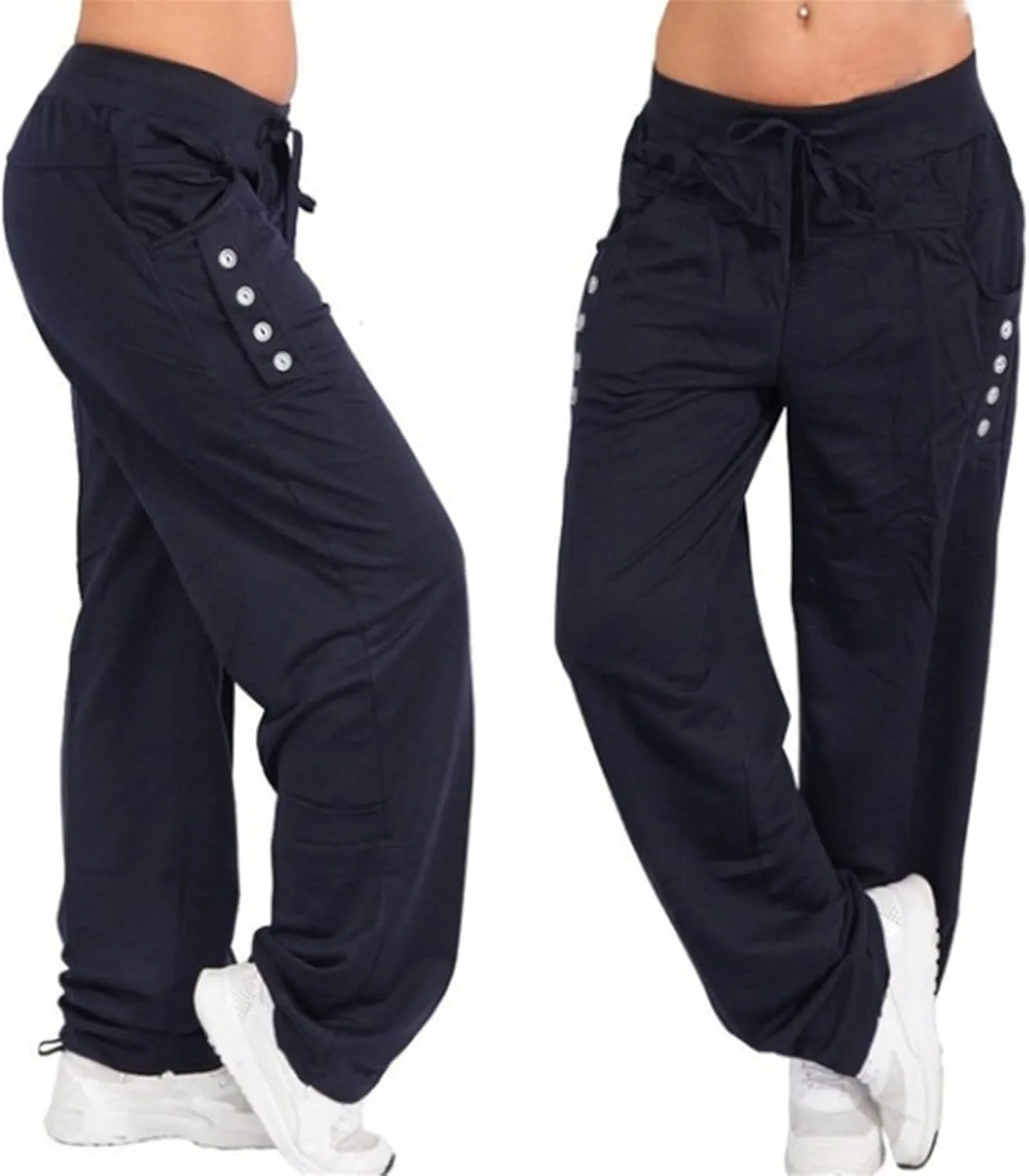 Womens Solid Color Wide Leg Sports Straight Trousers Jogging Comfy Breathable Loose Casual Baggy Drawstring Pants