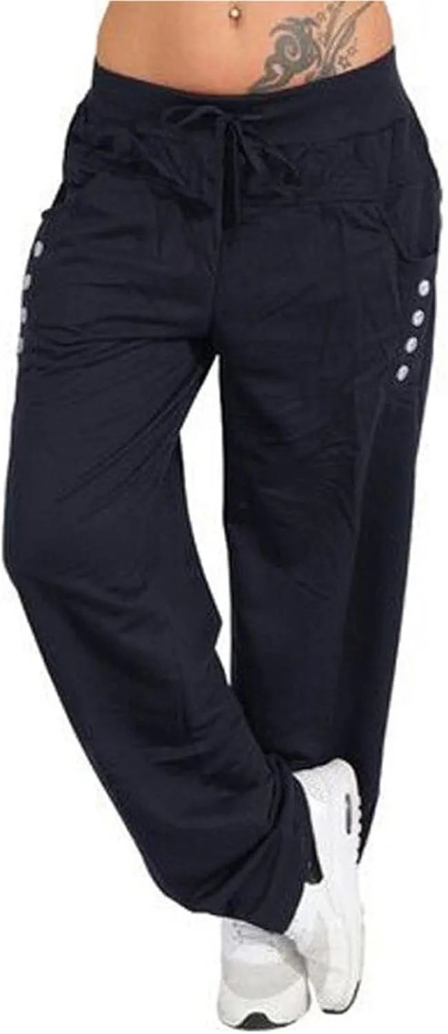 Womens Solid Color Wide Leg Sports Straight Trousers Jogging Comfy Breathable Loose Casual Baggy Drawstring Pants