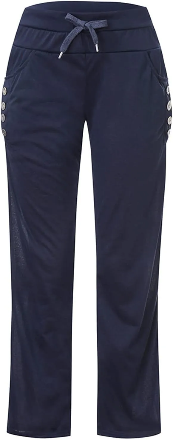 Womens Solid Color Wide Leg Sports Straight Trousers Jogging Comfy Breathable Loose Casual Baggy Drawstring Pants