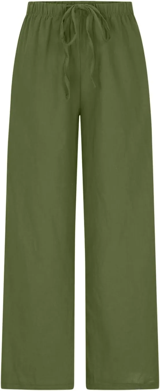 Women's Summer Drawstring High Waist Wide Leg Pants Loose Breathable Soft Comfy Trouser Cotton Linen Palazzo Pants