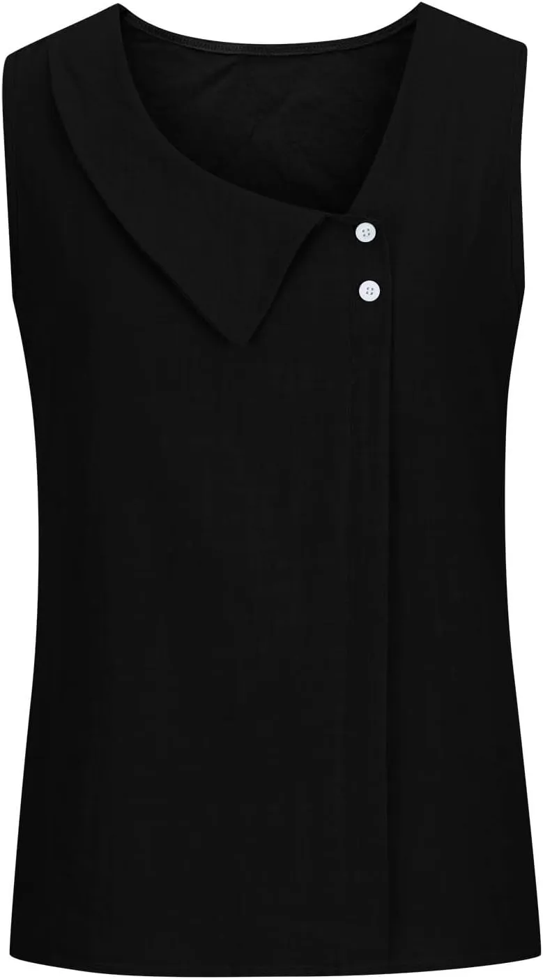 Womens Tank Tops Vintage Linen Button Slant Collar Sleeveless T-Shirts Summer Daily Wear Vest Blouse Tunic Top