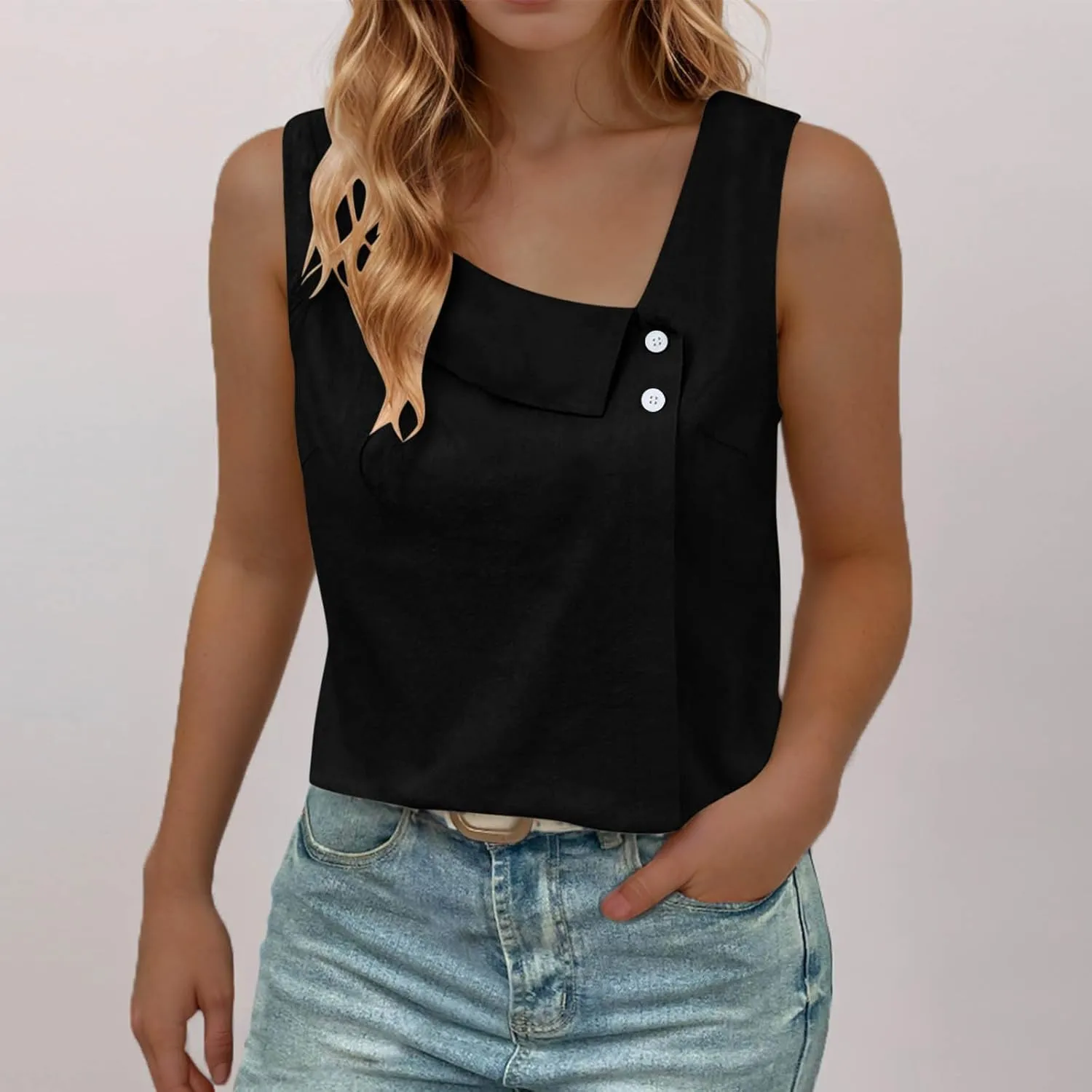 Womens Tank Tops Vintage Linen Button Slant Collar Sleeveless T-Shirts Summer Daily Wear Vest Blouse Tunic Top