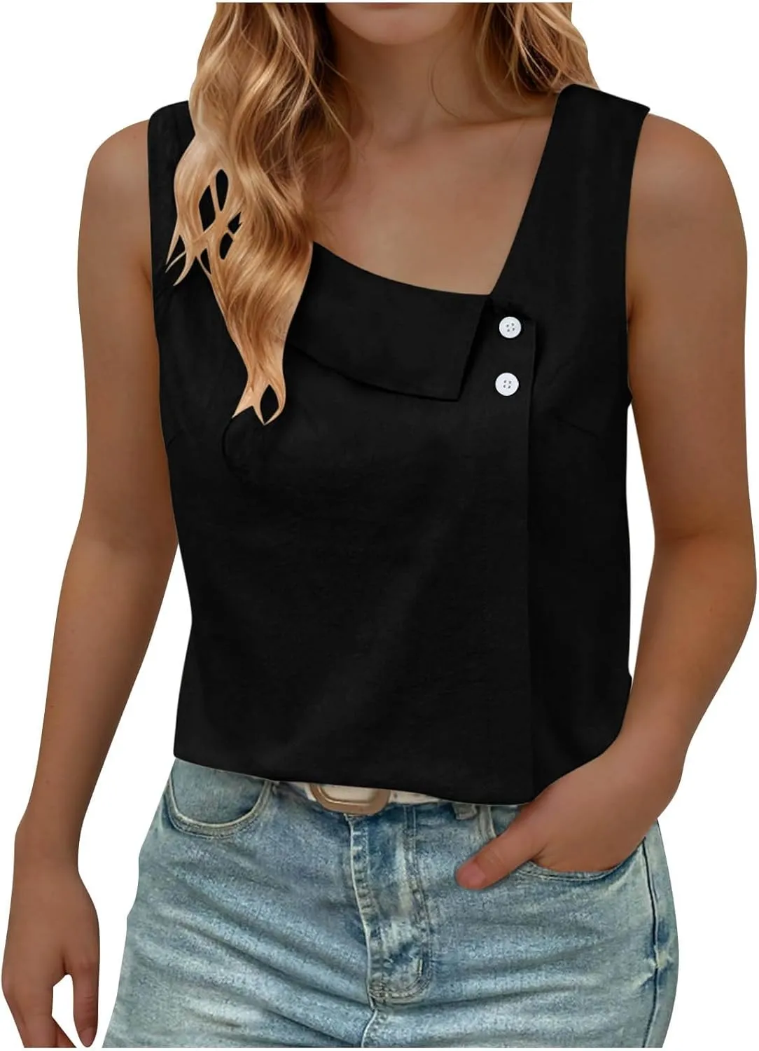 Womens Tank Tops Vintage Linen Button Slant Collar Sleeveless T-Shirts Summer Daily Wear Vest Blouse Tunic Top