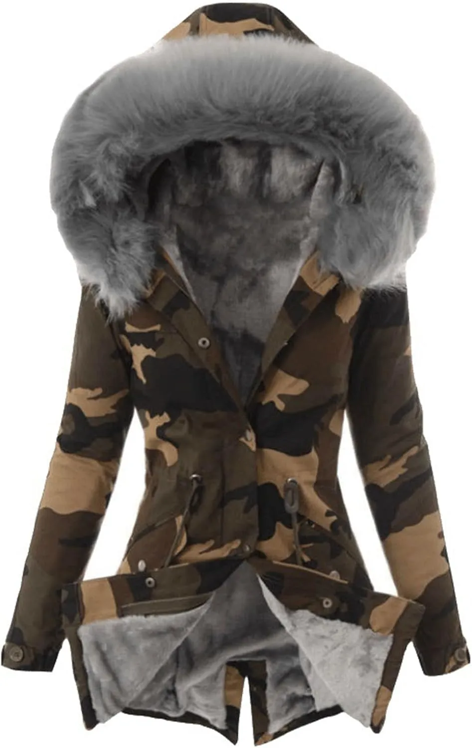 Women's Thicken Fleece Lined Parka Faux Fur Collar Camouflage Winter Coat Hooded Long Jacket Military Anorak Pocket