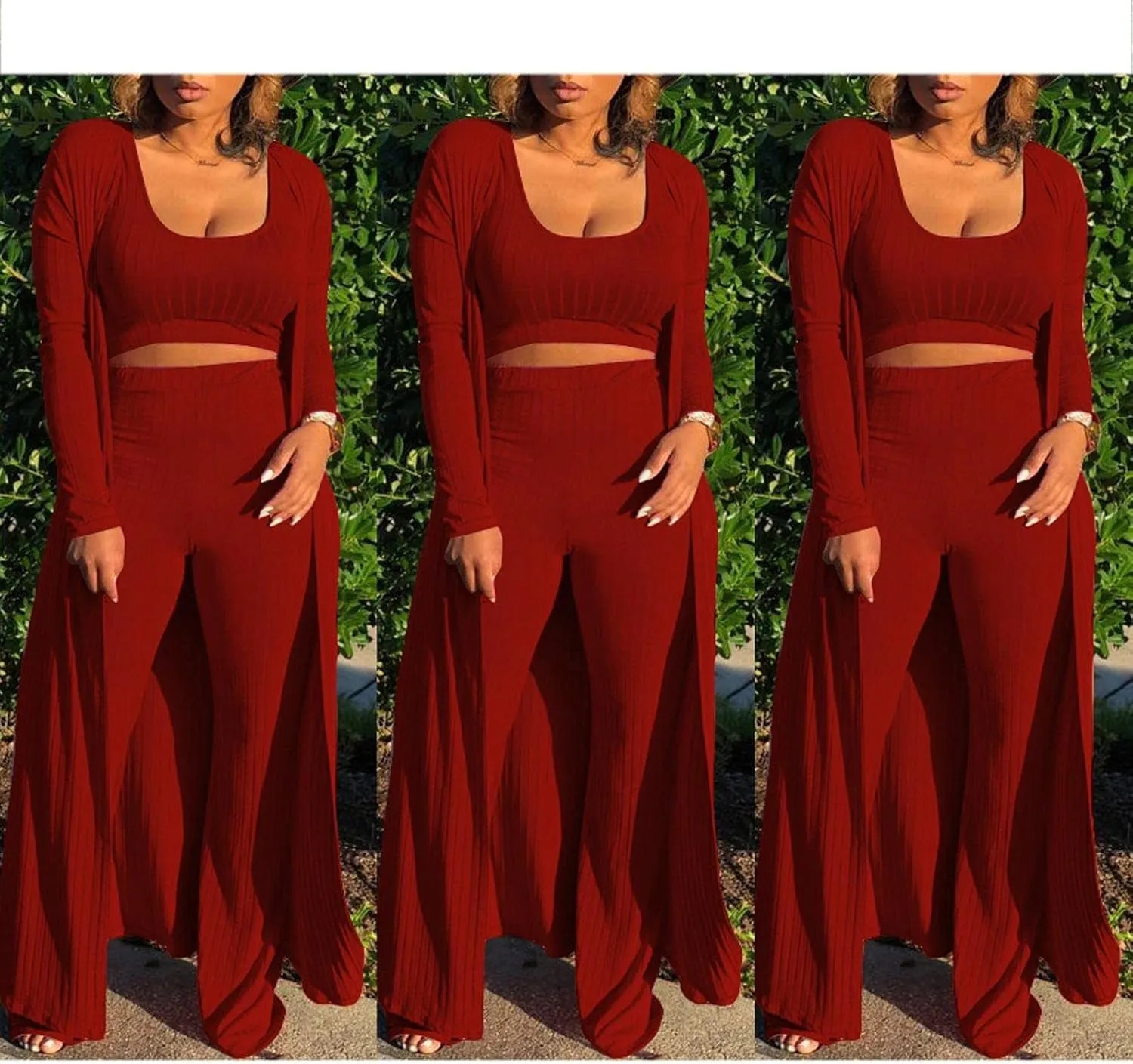 Women'S Tracksuit Winter Autumn Knitted Long-Sleeved Blazer Coat Tank Long Pants Three Piece Sets Outfit