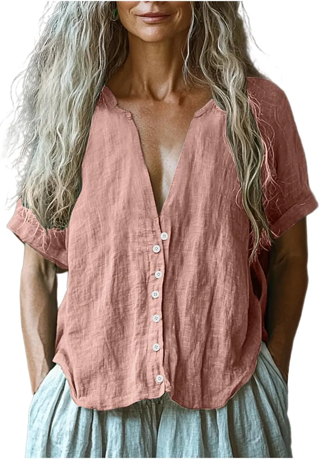 Xiaojmake Women 100% Linen Hawaiian Shirt Casual Short Sleeve Button Down Cotton Gauze Shirts Casual Beach Yoga Tunic Blouses